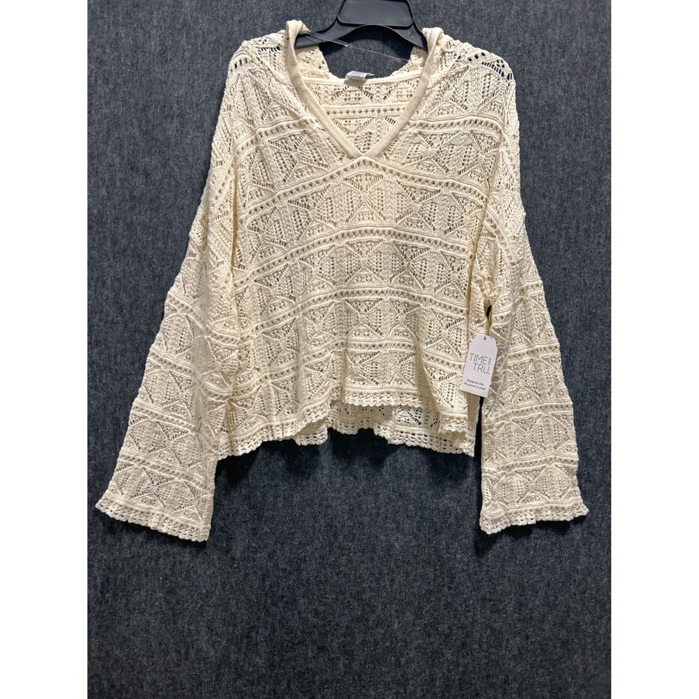 Time and Tru Crochet Hoodie Women M 8-10 Cream NEW Boho Knit Coverup Swimwear